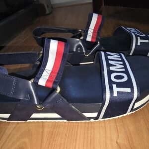 Navy Sandals with Red and White Stripes